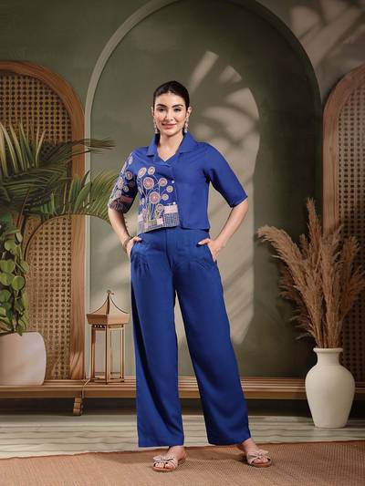 Blue Embroidered Collar Neck Co-Ord Set