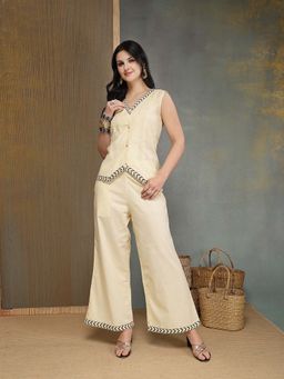 Stylum - Cream Solid/Plain V-Neck Co-Ord Set
