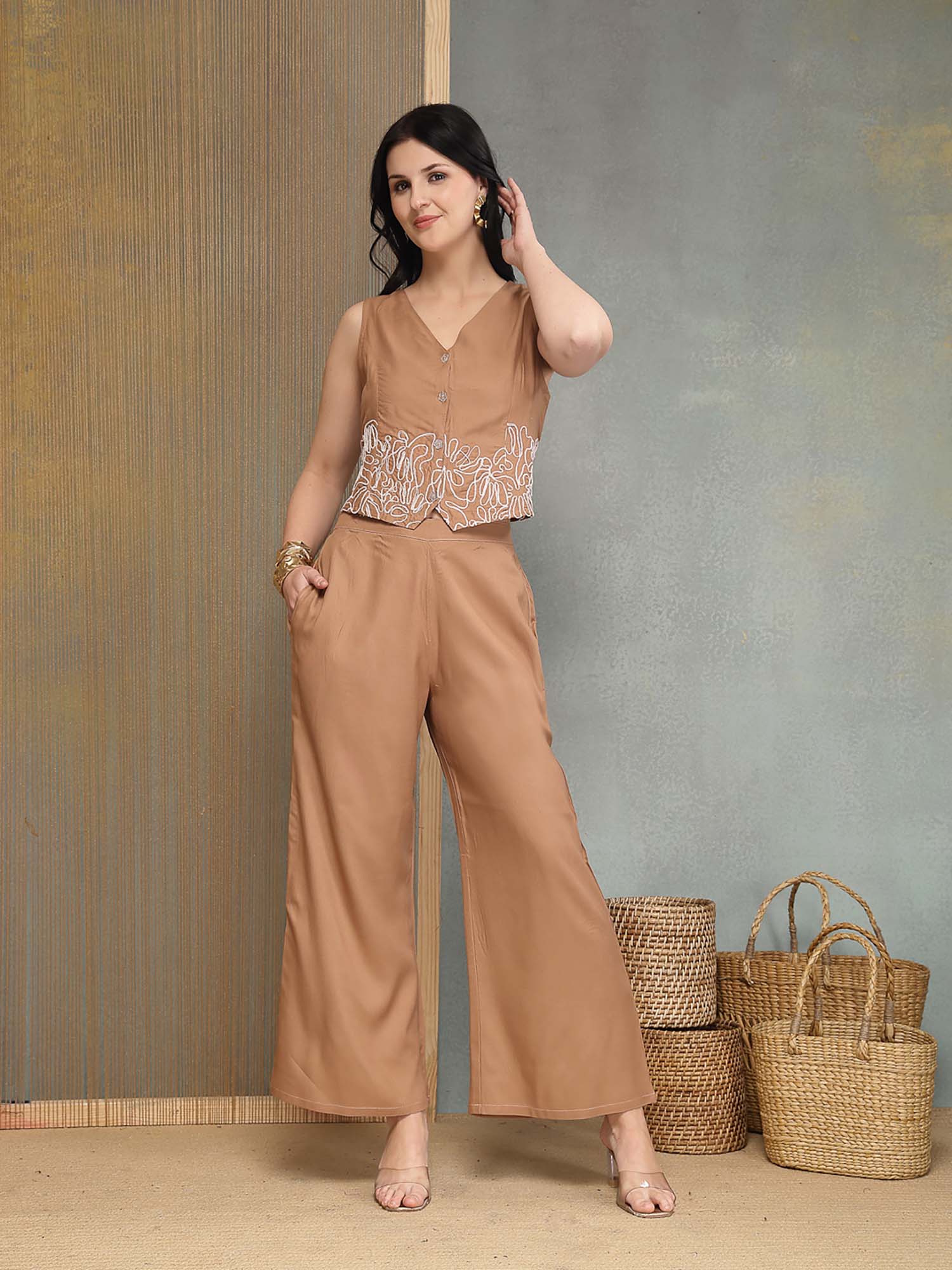stylum Tan Embroidered V-Neck Co-Ord Set-picture-20