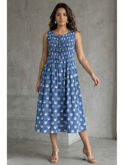 Folksong - Blue Printed Tie Up Neck Dress