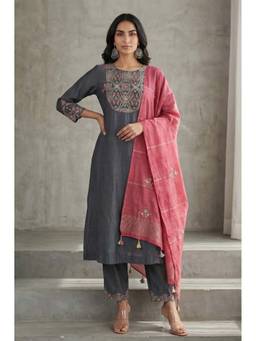 Folksong - Grey Embroidered Round Neck Kurta Pant with Dupatta