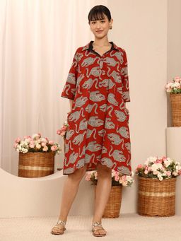Gerua By Libas - Rust Printed Collar Neck Dress