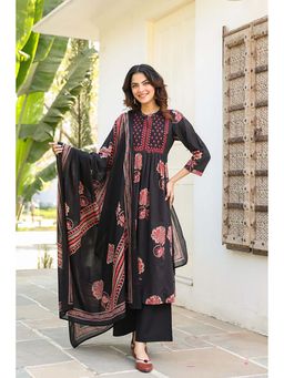 Rain & Rainbow - Black Floral Mandarin Neck Kurta Pant with Dupatta
