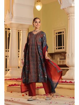 Rain & Rainbow - Blue Floral V-Neck Kurta Pant with Dupatta