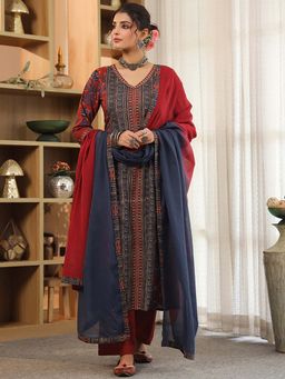 Rain & Rainbow - Maroon Floral V-Neck Kurta Pant with Dupatta
