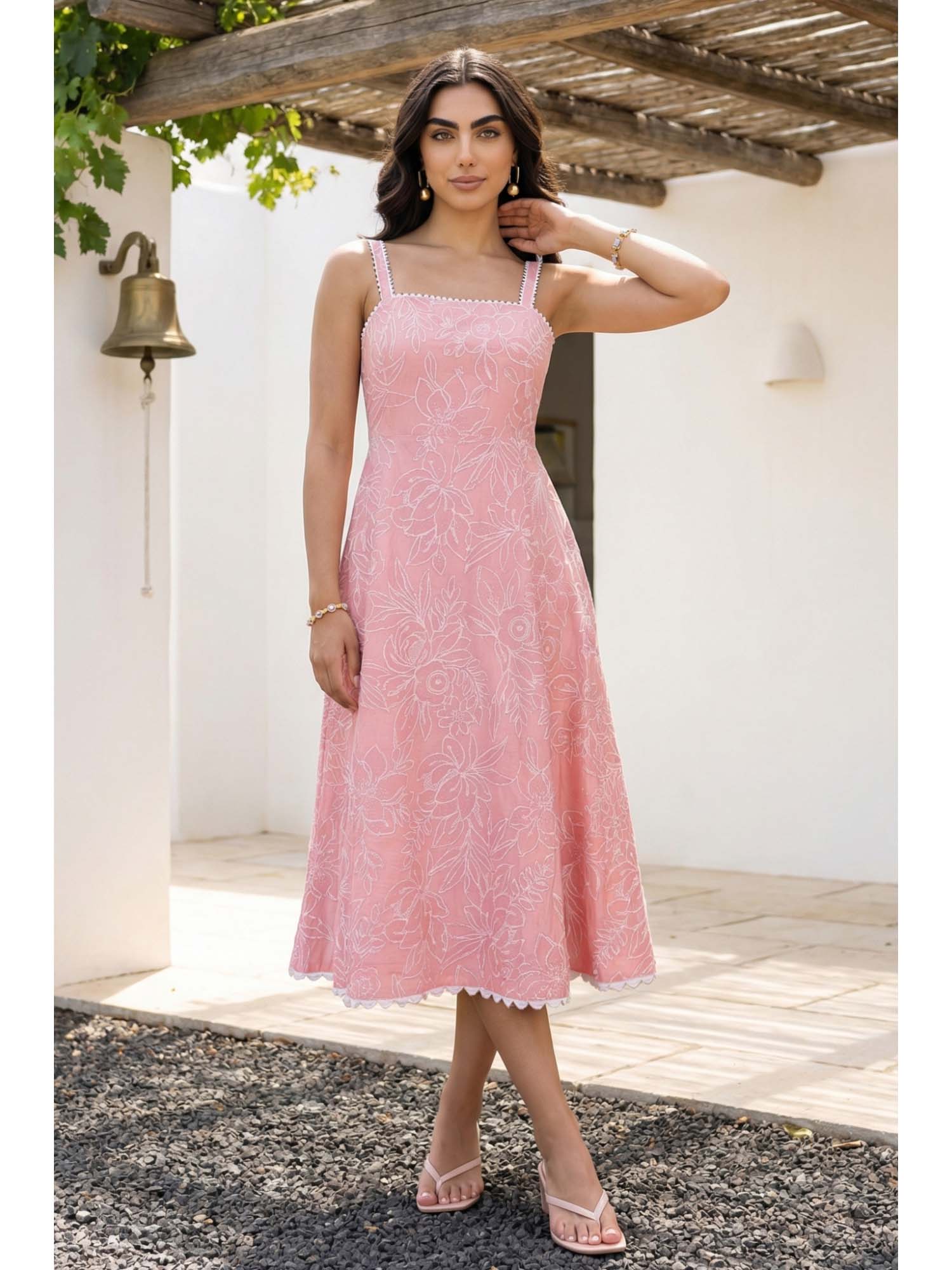 Pink Embroidered Shoulder Straps Dress-image-5