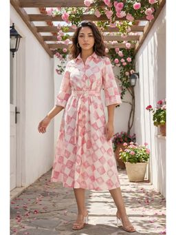 W - Off White Floral Collar Neck Dress with Belt