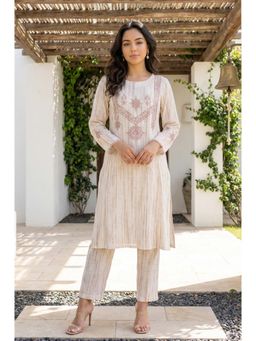 W - Beige Embroidered Round Neck Kurta and Pant