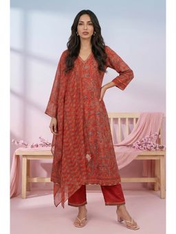 W - Rust Floral V-Neck Kurta Pant with Dupatta