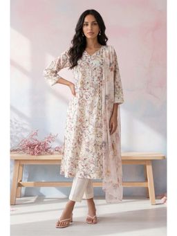 W - Off White Floral V-Neck Kurta Pant with Dupatta