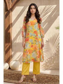 W - Yellow Floral V-Neck Kurta Pant with Dupatta
