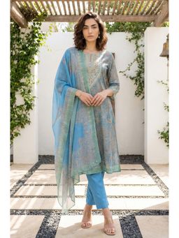W - Blue Paisley Round Neck Kurta Pant with Dupatta