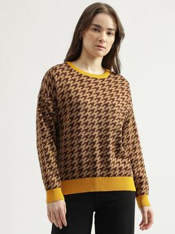 United Colors of Benetton - Womens Regular Fit Round Neck Printed Sweater-Brown