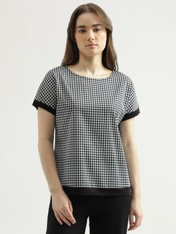 United Colors of Benetton - Regular Fit Round Neck Checked Pattern Womens Top-Black
