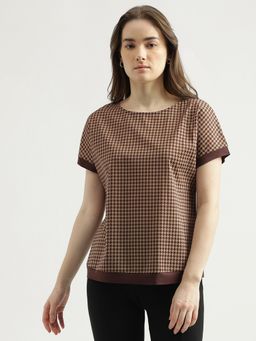 United Colors of Benetton - Regular Fit Round Neck Checked Pattern Womens Top-Brown