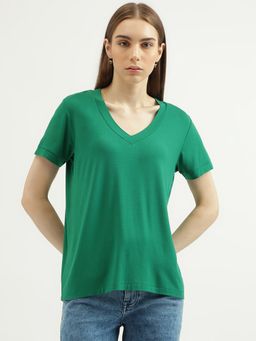 United Colors of Benetton - Womens Regular Fit V Neck Solid T-Shirt-Green