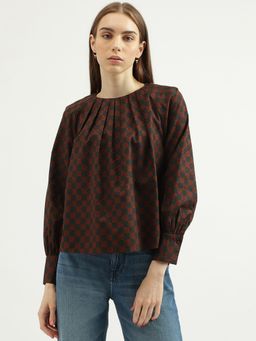 United Colors of Benetton - Womens Regular Fit Round Neck Checked Top-Brown