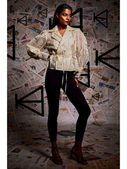 Echke - Women Gold Organza Jacket with Waist Tie Up