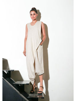 Echke - Ecru Asymmetric Sleeveless Jumpsuits.