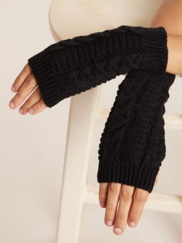Twenty Dresses by Nykaa Fashion - Black Textured Knitted Thumb Cut Out Hand Gloves
