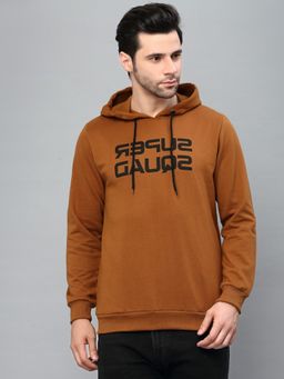 RIGO - Men Camel Brown Hooded Printed Fleece Sweatshirt
