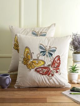 Eyda - Velvet White Color Beaded Sequin Set Of 2 Cushion Cover-18X18 Inch