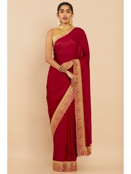 Soch - Women Maroon Chiffon Solid & Plain Saree with Unstitched Blouse