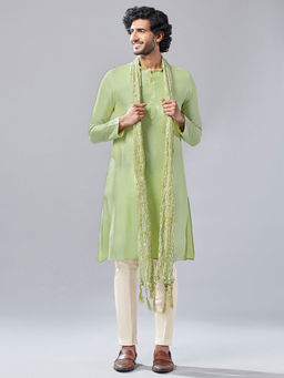 KISAH - Mens Green Solid Kurta With Trouser & Dupatta (Set of 3)