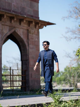 KISAH - Mens Navy Blue Kurta With Jacket & Trouser (Set of 3)