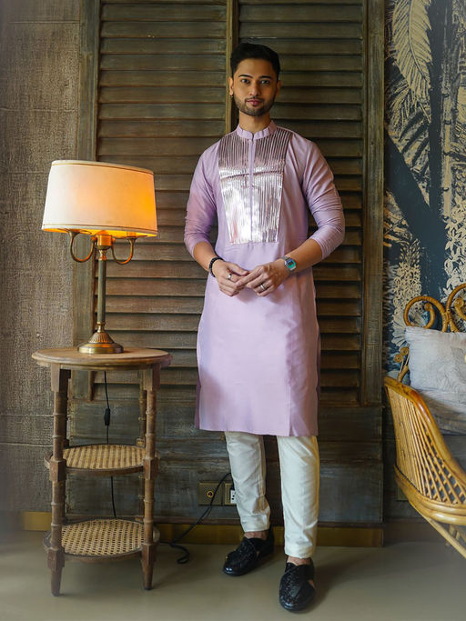 KISAH Mens Pink Solid Kurta With Trouser (Set of 2)