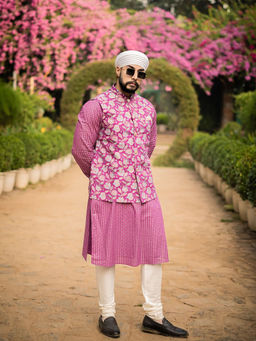 KISAH - Mens Pink Printed Kurta With Jacket & Churidar (Set of 3)