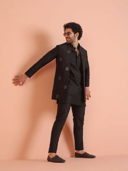 KISAH - Mens Black Mid Kurta With Jacket & Trouser (Set of 3)