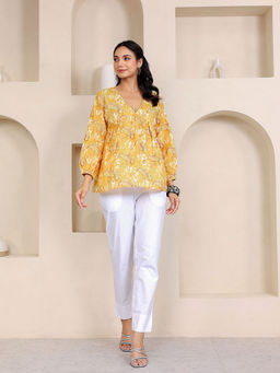 GULAB CHAND TRENDS - Hand Block Printed Tired Mustard Top
