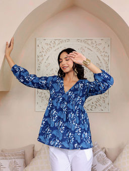 GULAB CHAND TRENDS - Hand Block Printed Tired Navy Blue Top