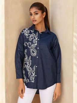KAFTANIZE - Women Navy Blue Thread Embroidery On One Side Shirt