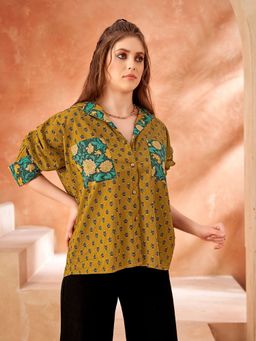 KAFTANIZE - Women Yellow Base and Blue Color Floral Print Oversized Shirt
