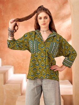 KAFTANIZE - Women Olive Base and Blue Floral Printed Oversized Shirt