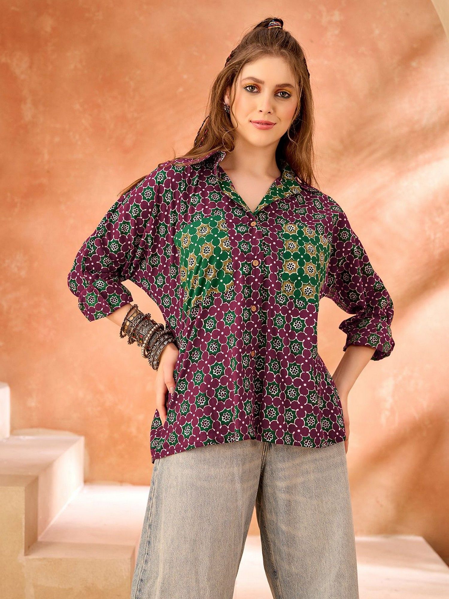 kaftanize Women Purple Base and Green Floral Printed Oversized Shirt-picture-16