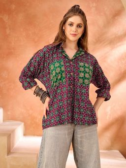 KAFTANIZE - Women Purple Base and Green Floral Printed Oversized Shirt
