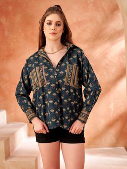 KAFTANIZE - Women Navy Blue Base and Beige Floral Printed Oversized Shirt