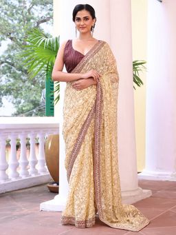 Kalista Fashion - Women Beige Brasso Embroidered Saree With Unstitched Blouse
