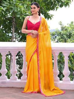 Kalista Fashion - Women Yellow Chiffon Lace Work Saree With Unstitched Blouse