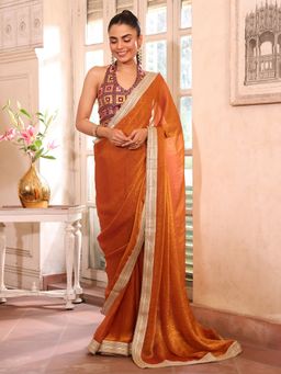 Kalista Fashion - Women Rust Chiffon Embroidered Saree With Unstitched Blouse
