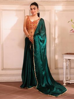 Kalista Fashion - Women Green Tissue Embroidered Saree With Unstitched Blouse
