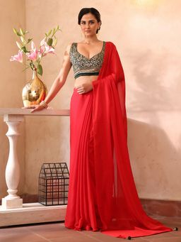 Kalista Fashion - Women Red Chiffon Tassels Saree With Unstitched Blouse