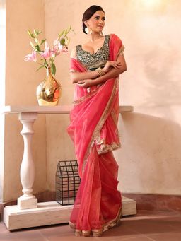 Kalista Fashion - Women Peach Organza Embellished Saree With Unstitched Blouse
