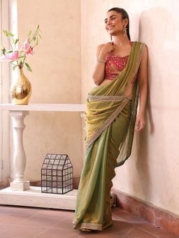 Kalista Fashion - Women Green Chiffon Embroidered Saree With Unstitched Blouse