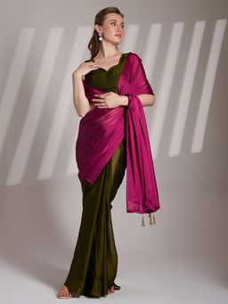 Kalista Fashion - Women Pink Chiffon Colorblock Saree With Unstitched Blouse