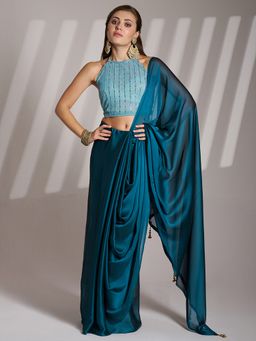 Kalista Fashion - Women Teal Chiffon Tassels Saree With Unstitched Blouse