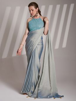 Kalista Fashion - Women Turquoise Chiffon Tassels Saree With Unstitched Blouse